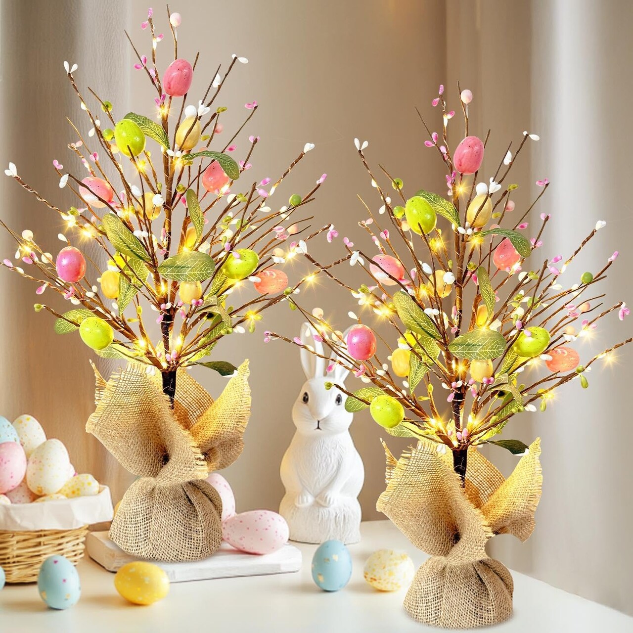 Easter Decorations Easter Egg Tree with Lights, Lighted Trees Battery Powered, Tabletop Centerpiece Decor with Colorful Egg Ornaments for Home Table Party Spring Decoration (2 Pack)